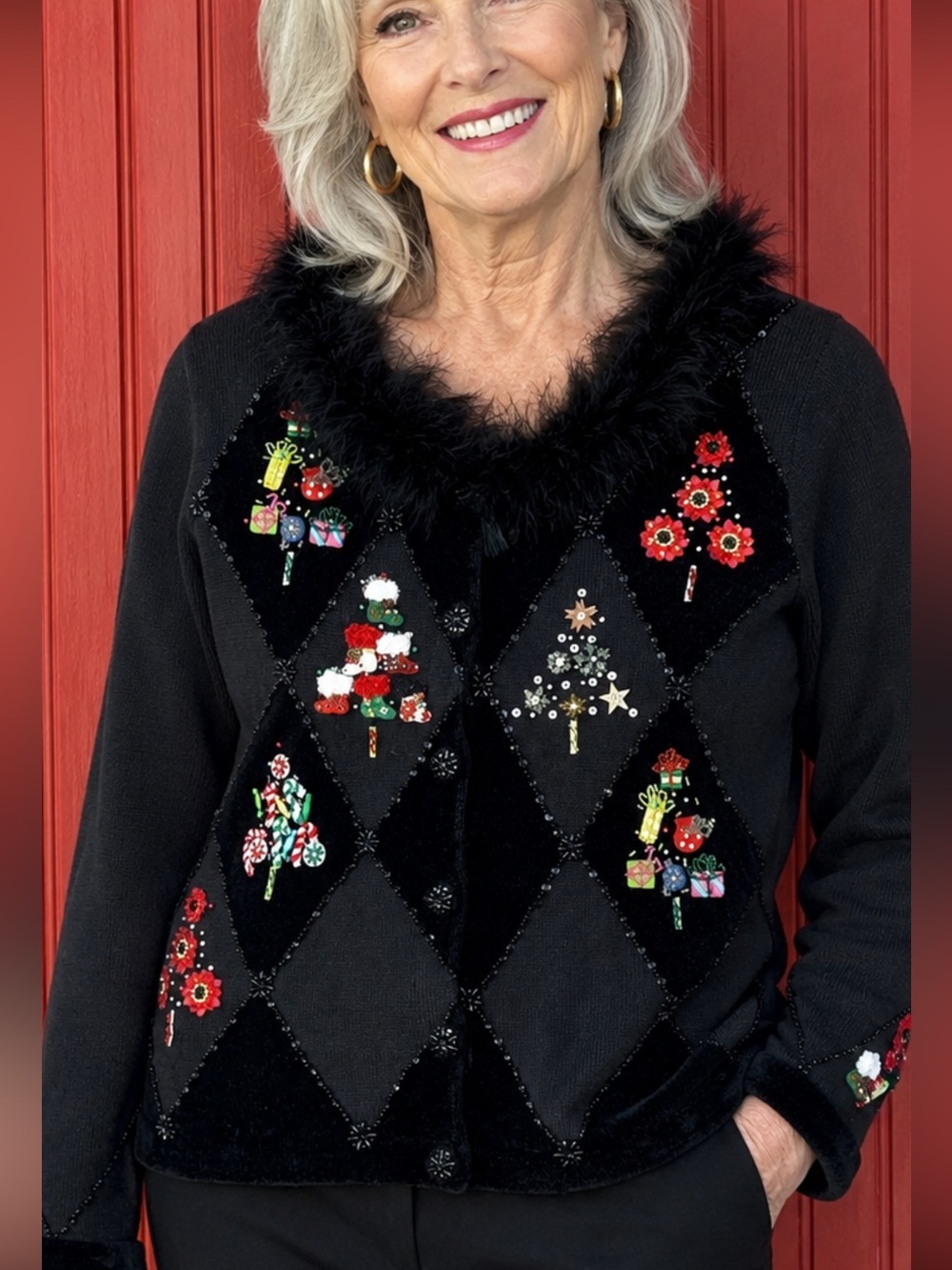 Vintage Black Embellished Holiday Christmas Cardigan with Faux Fur Trim S